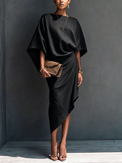 Abito midi nero drappeggiato con orlo asimmetrico