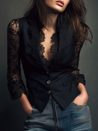 Vittoria – Blazer Nero con Maniche Semi-Trasparenti