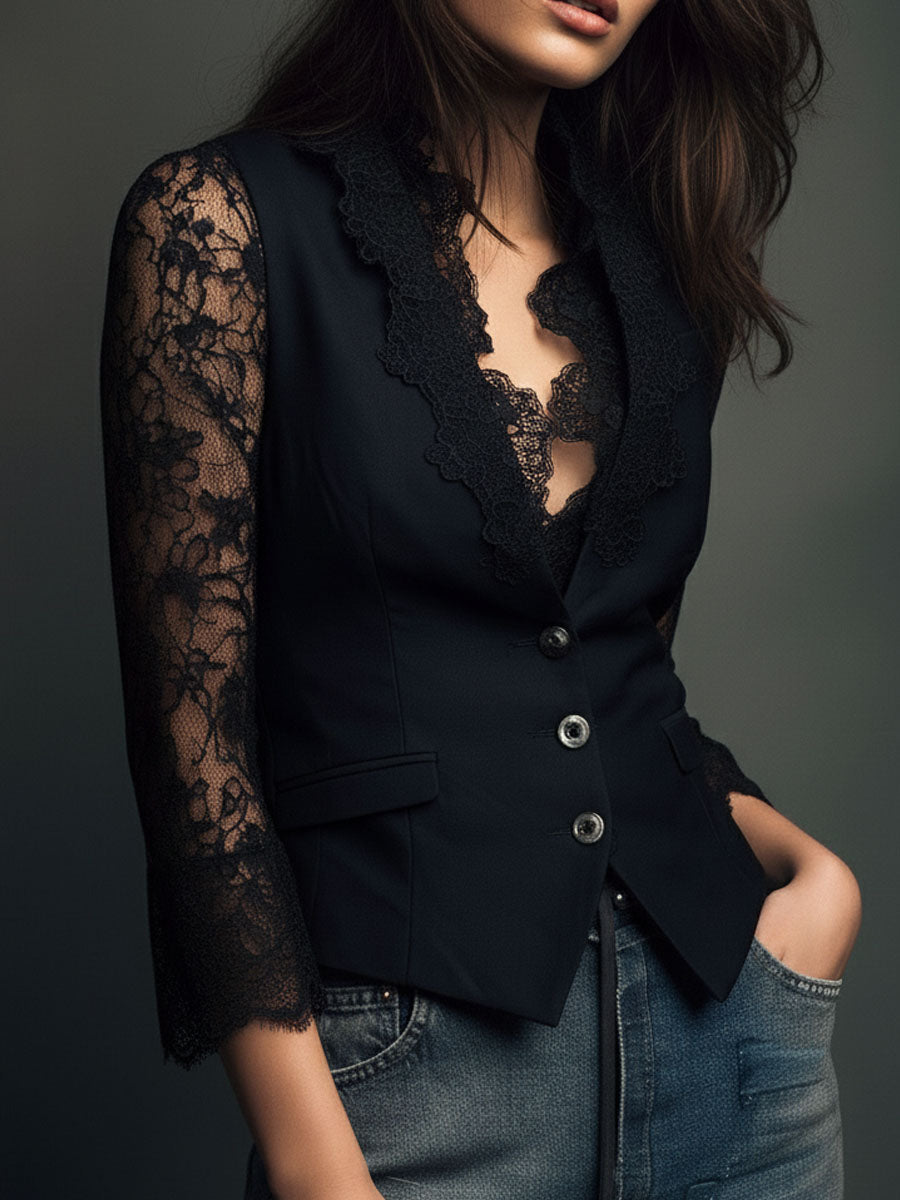 Vittoria – Blazer Nero con Maniche Semi-Trasparenti