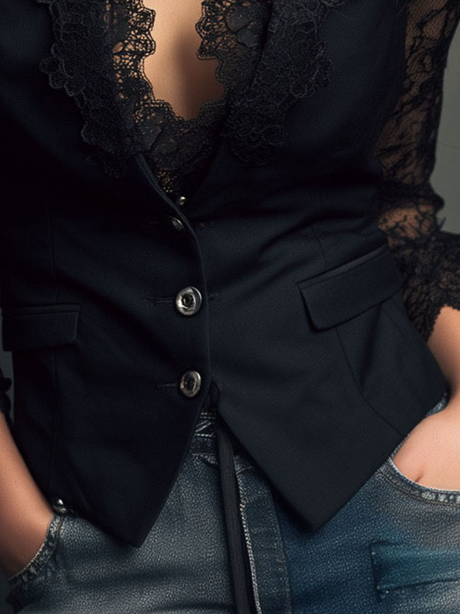 Vittoria – Blazer Nero con Maniche Semi-Trasparenti